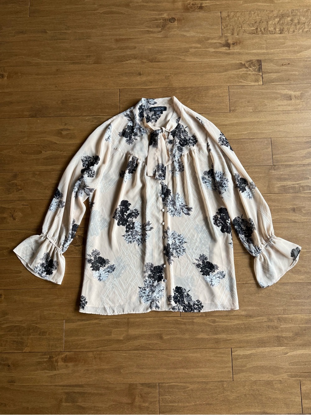 Cream and Black Floral Tie-Neck Blouse